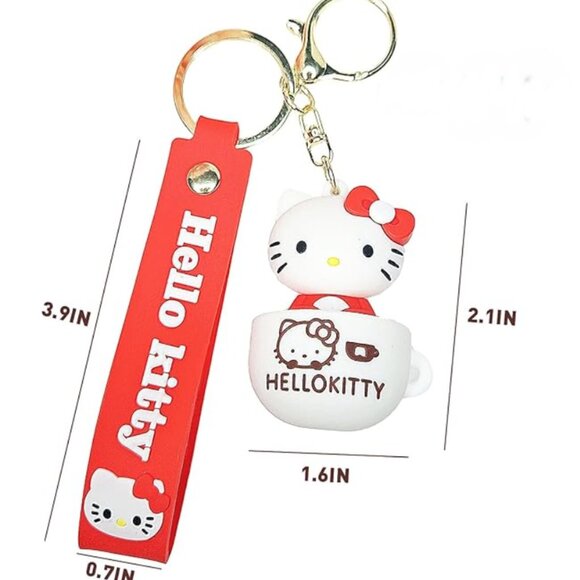 Hello Kitty Pink Red White Coffee Cup Keychain Gold-Tone Charm Wristlet 2 Pcs - Picture 3 of 3
